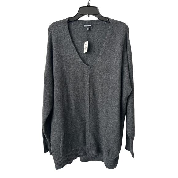 EXPRESS Gray Pullover Sweater Top Deep V Neck Wool Blend Men’s Medium Lagenlook - Picture 1 of 5